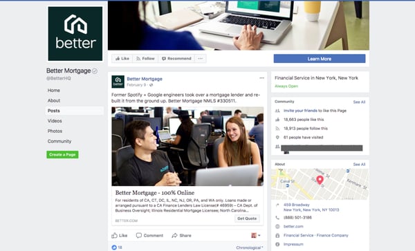 Better Mortgage Facebook page screenshot