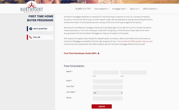 Northpoint Mortgage set up a specific landing page for their first-time homebuyer guide